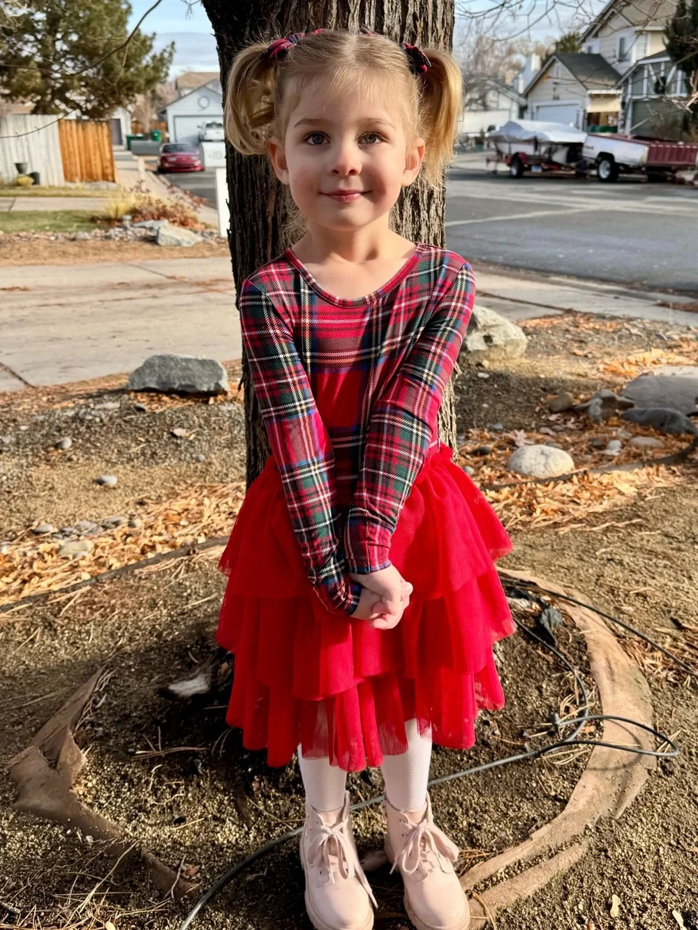 Posh Peanut Red Tartan Plaid Long Sleeve Tulle Dress